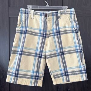 Aeropostale Men's Plaid Flat Front Shorts - Beige, Blue & Gray